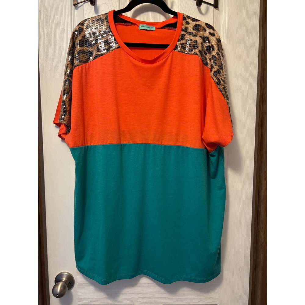 Sunshine & Rodeos Womens 3XL Colorblock Sequin Leopard Print Top Orange Teal